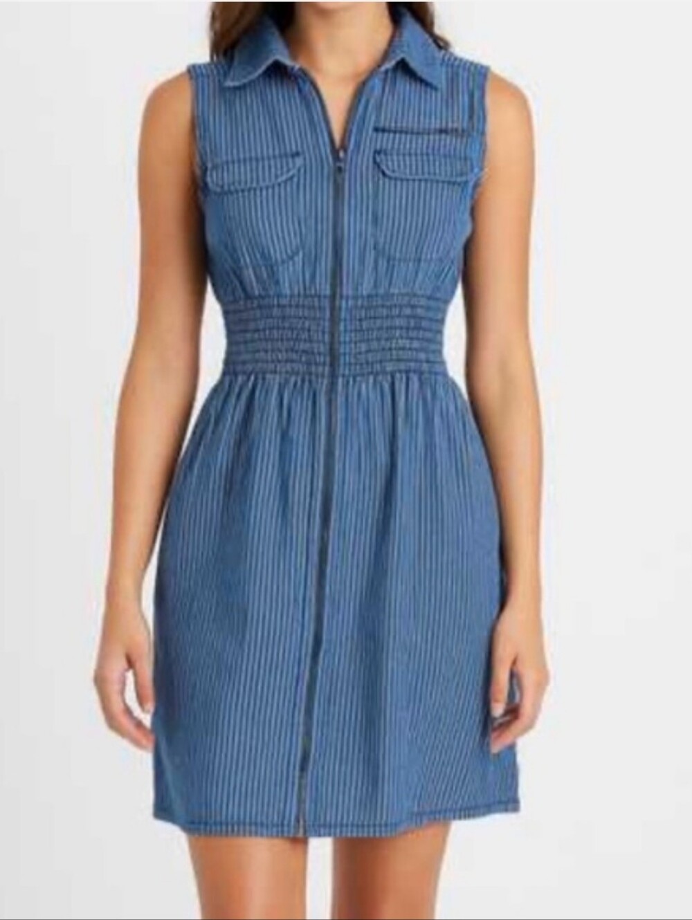 J Gee-Front Zip- Ruched Wast- Striped- Collard- Dress, Size S/M